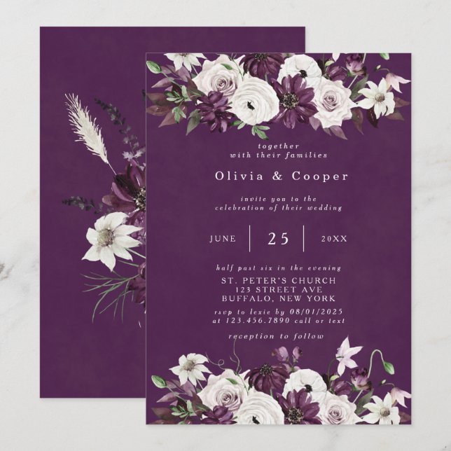 Invitation Plum et blanc Aquarelle Florale Mariage élégant (Devant / Derrière)