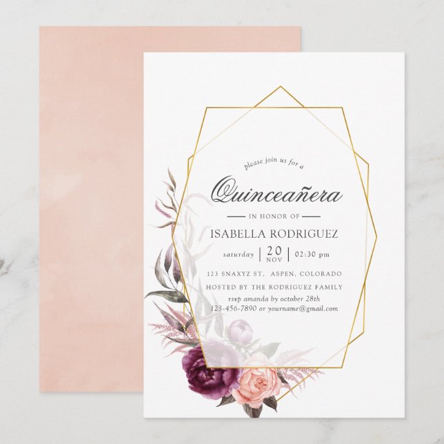 Invitation Plum et floral flou Géométrique Quinceañera (Devant / Derrière)