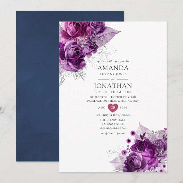 Invitation Plum et marine Aquarelle Mariage floral (Devant / Derrière)