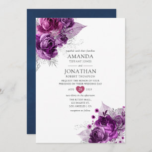 Invitation Plum et marine Aquarelle Mariage floral