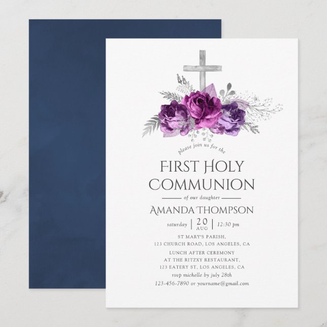 Invitation Plum et marine Floral Première sainte communion (Devant / Derrière)