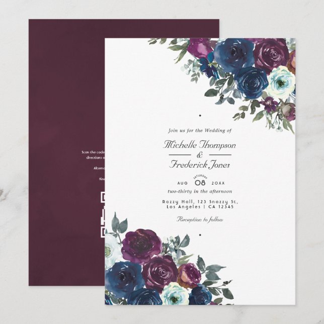 Invitation Plum et marine Floral QR Code RSVP Mariage (Devant / Derrière)