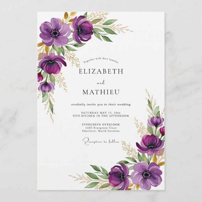 Invitation Plum Ethereal Flora Wedding (Devant)