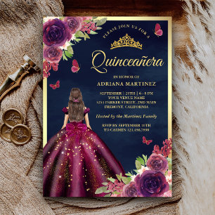 Invitation Plum Floral Papillon Marine Blue Gold Quinceanera