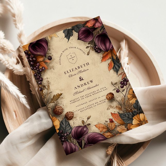 Invitation Plum foncé automne Mariage floral (Créateur téléchargé)