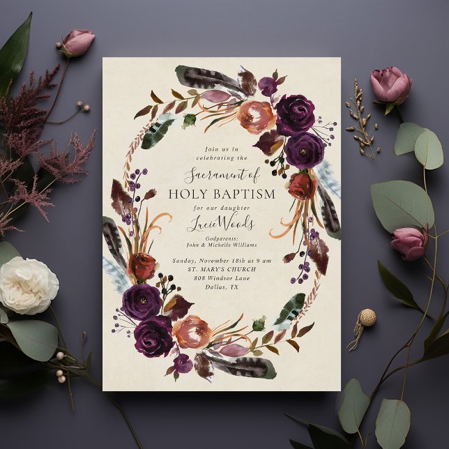 Invitation Plum Harvest Floral Baby Girl Baptism (Créateur téléchargé)