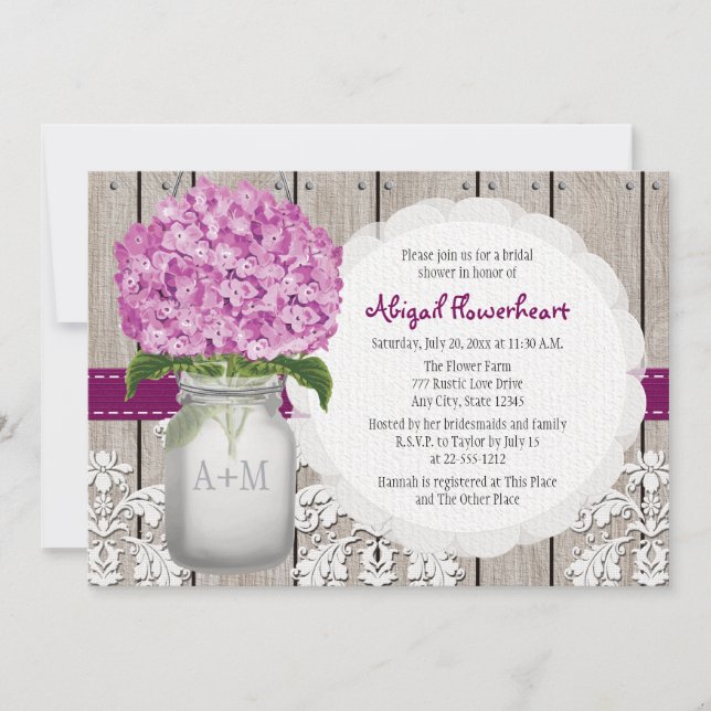 Invitation Plum Hydrangea Mason Jar Fête des mariées (Devant)