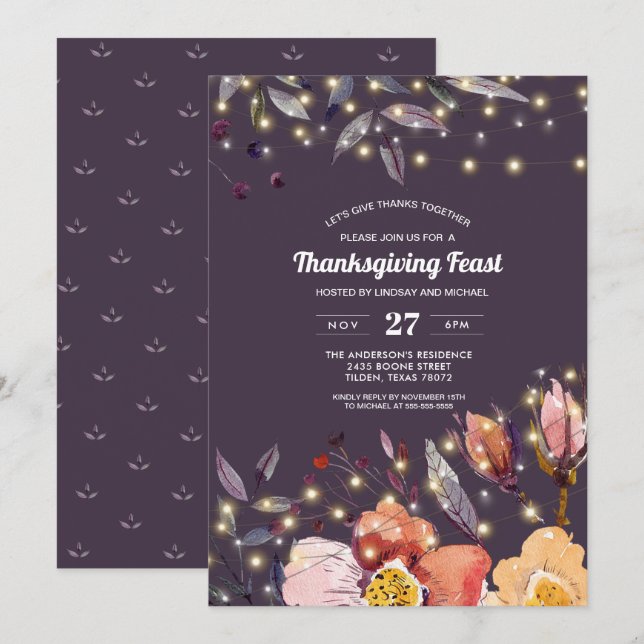 Invitation Plum | Lumières de chaînes | Dîner Floral Thanksgi (Devant / Derrière)