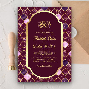 Invitation Plum marocain Quatrefoil QR Code Mariage musulman