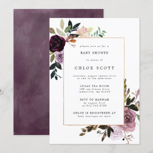Invitation Plum mauve Baby shower floral rose rose