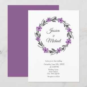 Invitation Plum Mauve Gris Aquarelle noire Florale Wreath