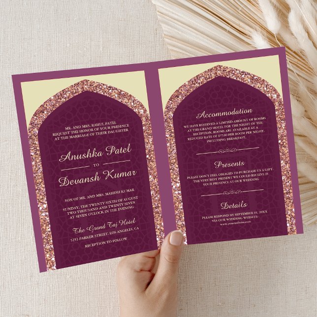 Invitation Plum Mauve Rose Or tout en un Mariage indien (Créateur téléchargé)
