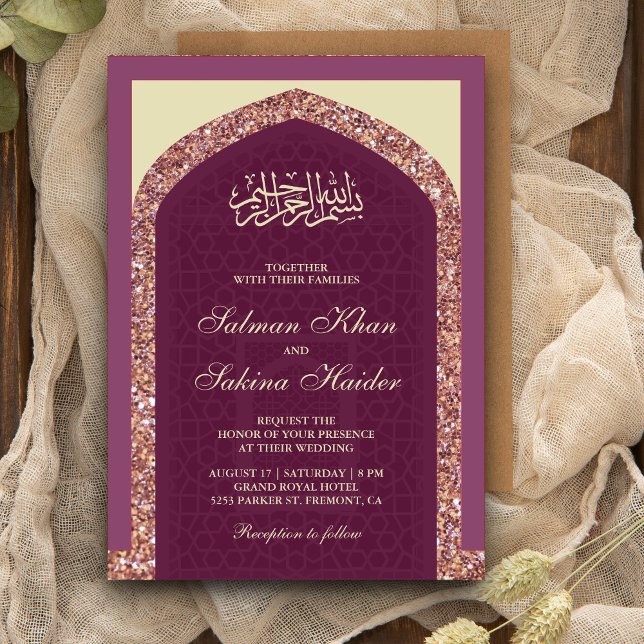 Invitation Plum Mauve Rose Parties scintillant d'or Mihrab Ma (Créateur téléchargé)