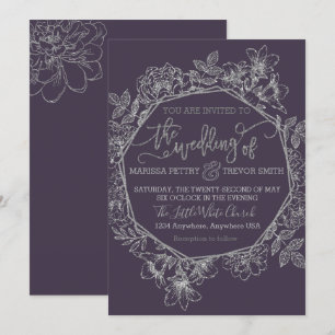 Invitation Plum moderne, violet foncé et Mariage fleuri d'arg