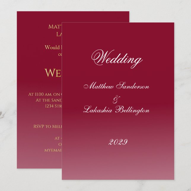 Invitation Plum Noir evening or night Wedding classic Gothic (Devant / Derrière)