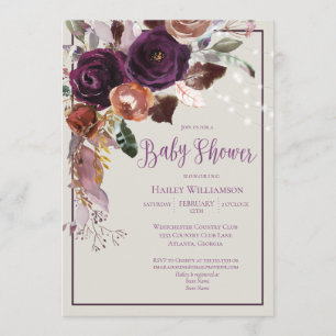 Invitation Plum, Or, Vert Floral Chaîne Lumières Baby shower