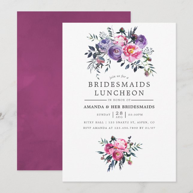 Invitation Plum & Pink Aquarelle Floral Bridesmaiers Déjeuner (Devant / Derrière)