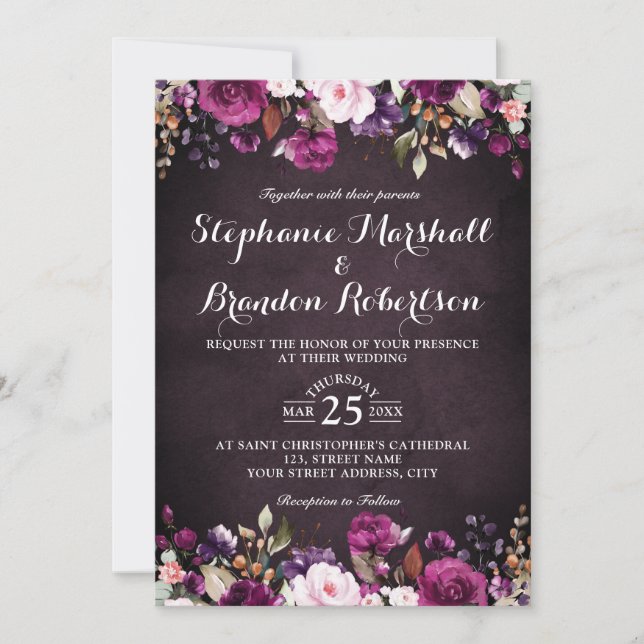 Invitation Plum pourpre Bourgogne Aquarelle Florale Rustique (Devant)