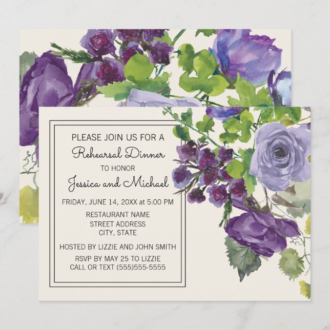 Invitation Plum Purple Aquarelle Florale Ivoire Répétition (Devant / Derrière)