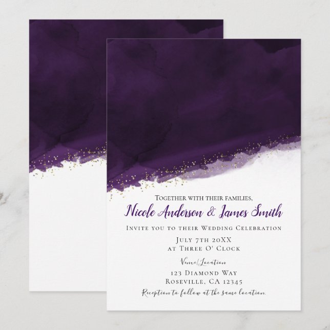 Invitation Plum Purple Aquarelle & Or Moderne Mariage chic (Devant / Derrière)