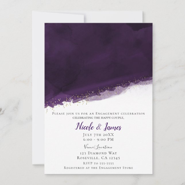 Invitation Plum Purple Aquarelle & Or Moderne Mariage chic (Devant)