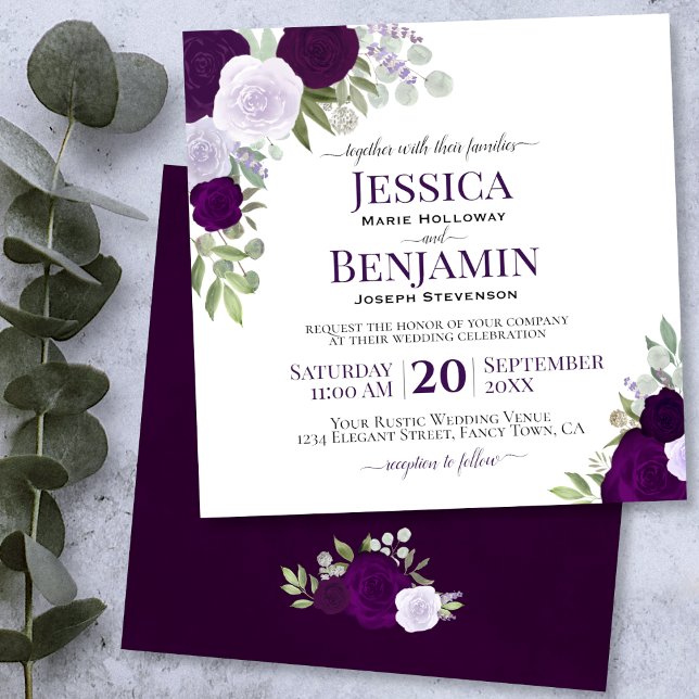 Invitation Plum Purple Aquarelle Roses Mariage élégant (Créateur téléchargé)