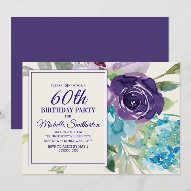 Invitation Plum Purple Bleu Aquarelle Florale 60e anniversair (Devant / Derrière)