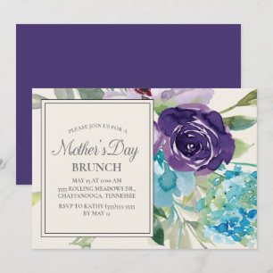 Invitation Plum Purple Bleu Aquarelle Florale Fête des mères
