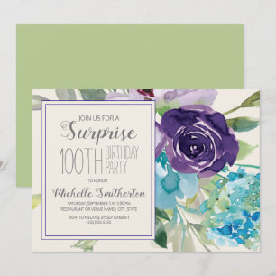 Invitation Plum Purple Bleu Floral Surprise 100e anniversaire