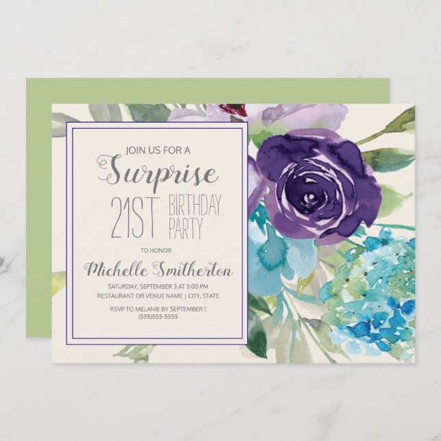 Invitation Plum Purple Bleu Floral Surprise 21e anniversaire (Devant / Derrière)