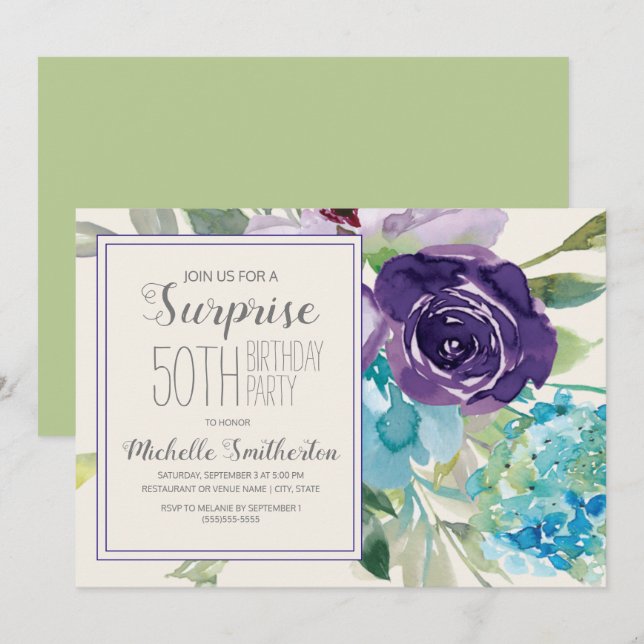 Invitation Plum Purple Bleu Floral Surprise 50e anniversaire (Devant / Derrière)