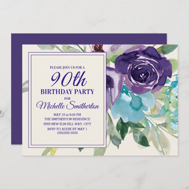 Invitation Plum Purple Blue Aquarelle Florale 90e anniversair (Devant / Derrière)