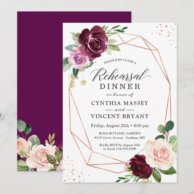 Invitation Plum Purple Blush Floral Dîner De Répétition Moder (Devant / Derrière)