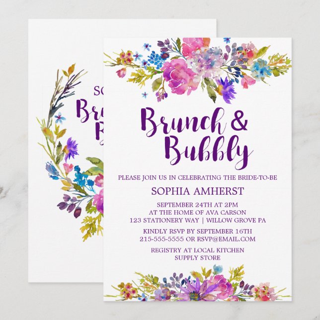 Invitation Plum Purple Brunch et Bubbly Fête des mariées Invi (Devant / Derrière)