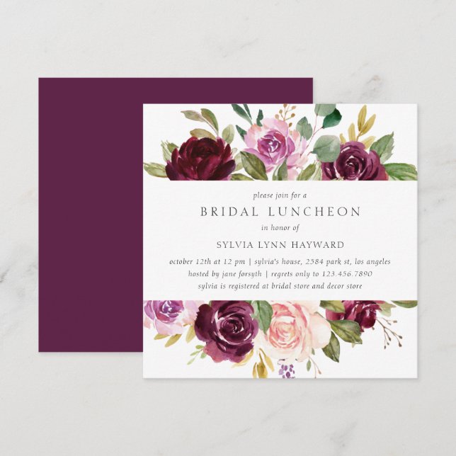 Invitation Plum Purple Fleurs Chute Florale Nuptiale Déjeuner (Devant / Derrière)