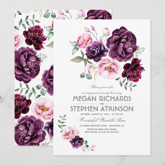 Invitation Plum Purple Floral Aquarelle Party (Devant / Derrière)