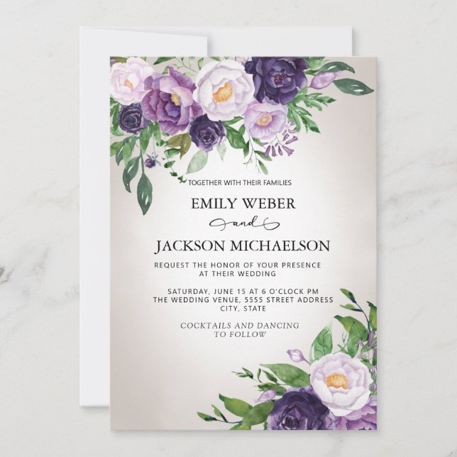 Invitation Plum Purple Lavande Verdure Gris Mariage (Devant)