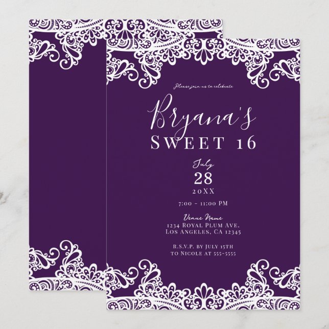 Invitation Plum Purple & Or Dentelle Élégante Sweet 16 Party (Devant / Derrière)