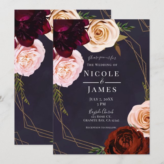 Invitation Plum Purple & Or Moderne Rustique Floral Mariage (Devant / Derrière)