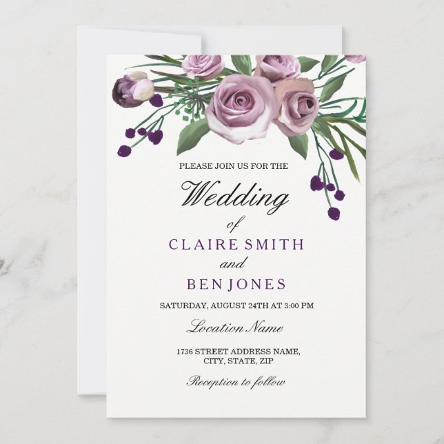 Invitation Plum romantique Violet Rose Floral Mariage Inviter (Devant)
