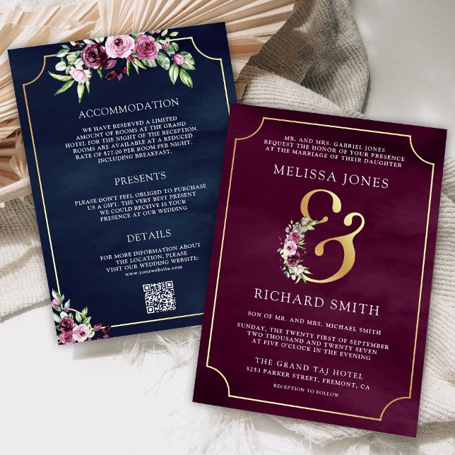Invitation Plum rose Floral Ampersand Navy QR Code Mariage (Créateur téléchargé)