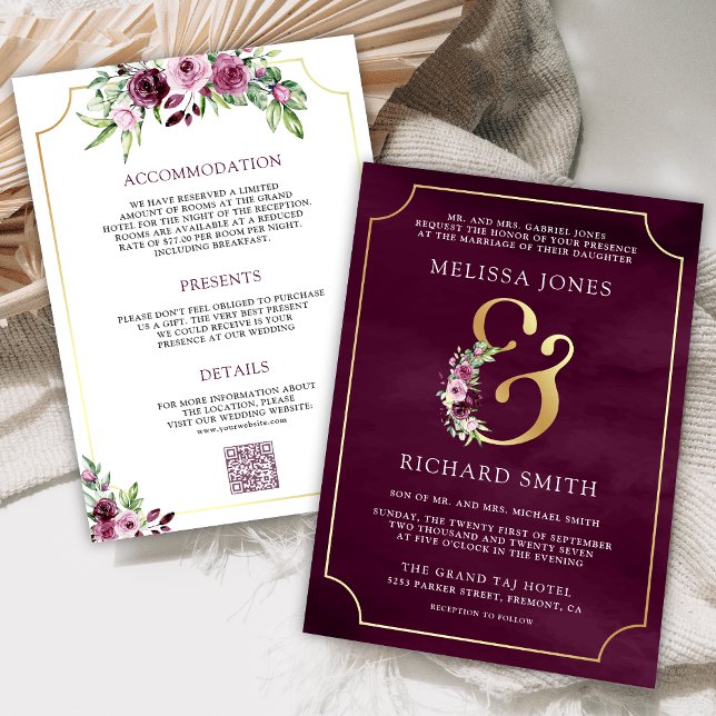 Invitation Plum rose Plum Floral Ampersand QR Code Mariage (Créateur téléchargé)