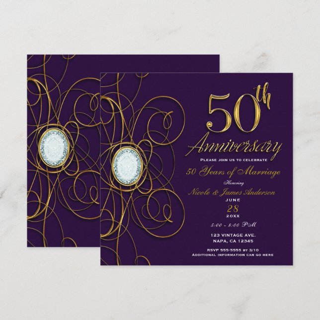 Invitation Plum Royal Purple Gold Diamond 50 50e anniversaire (Devant / Derrière)
