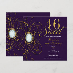 Invitation Plum Royal Purple & Gold Diamond Sweet 16 Annivers