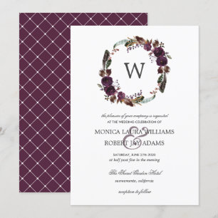 Invitation Plum rustique   Autum Floral Wreath Monogram Maria