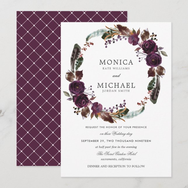 Invitation Plum rustique | Boho d'automne mariage floral de c (Devant / Derrière)