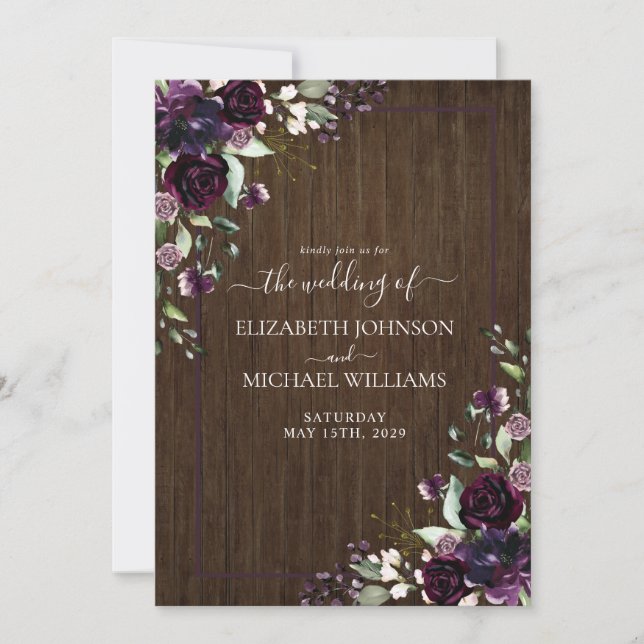 Invitation Plum rustique Purple Aquarelle Marbre Chute (Devant)