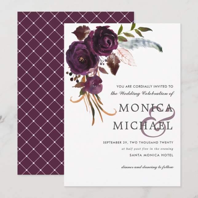 Invitation Plum rustique | Purple Floral corner Mariage chic (Devant / Derrière)