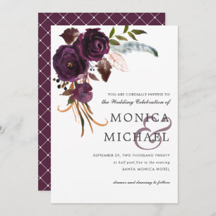Invitation Plum rustique Purple Floral corner Mariage chic