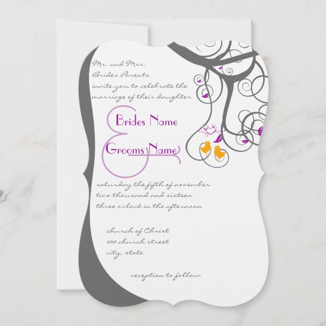 Invitation Plum Tree Swirls Inséparables Damask Back 2 Mariag (Devant)